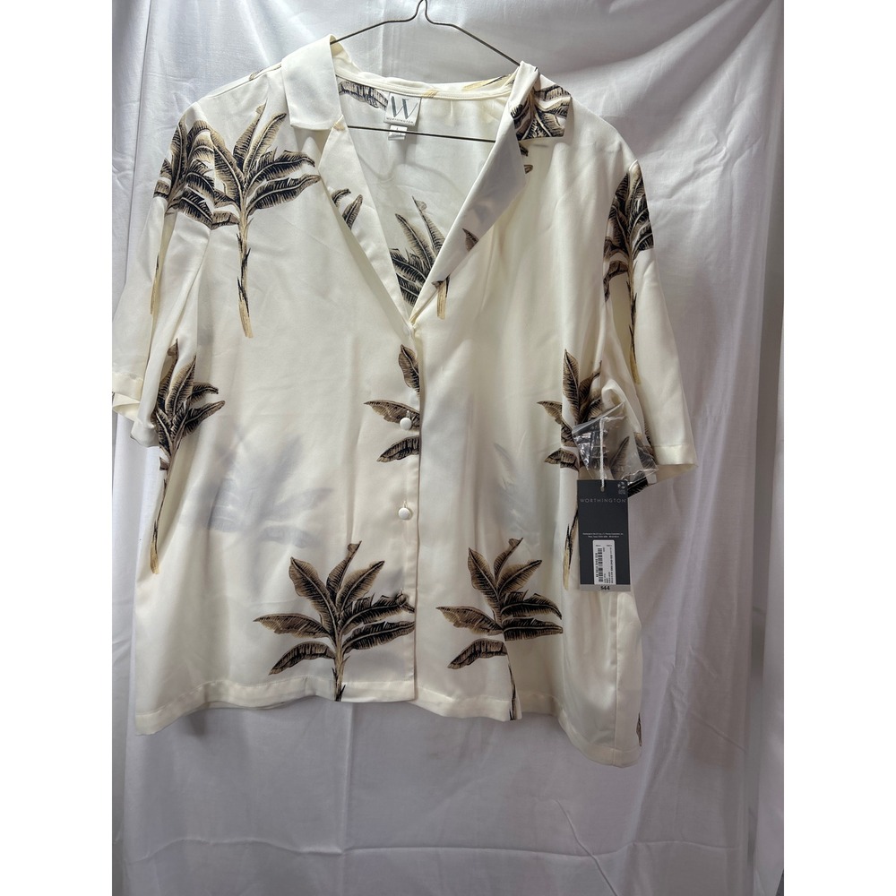 Worthington Women's Palm Leaf Print Button Down Short Sleeve Shirt